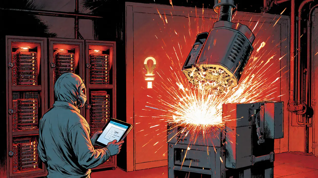 A retired HSM being shredded in a secure facility, with backup HSMs visible in vaults and a quantum key symbol glowing nearby.