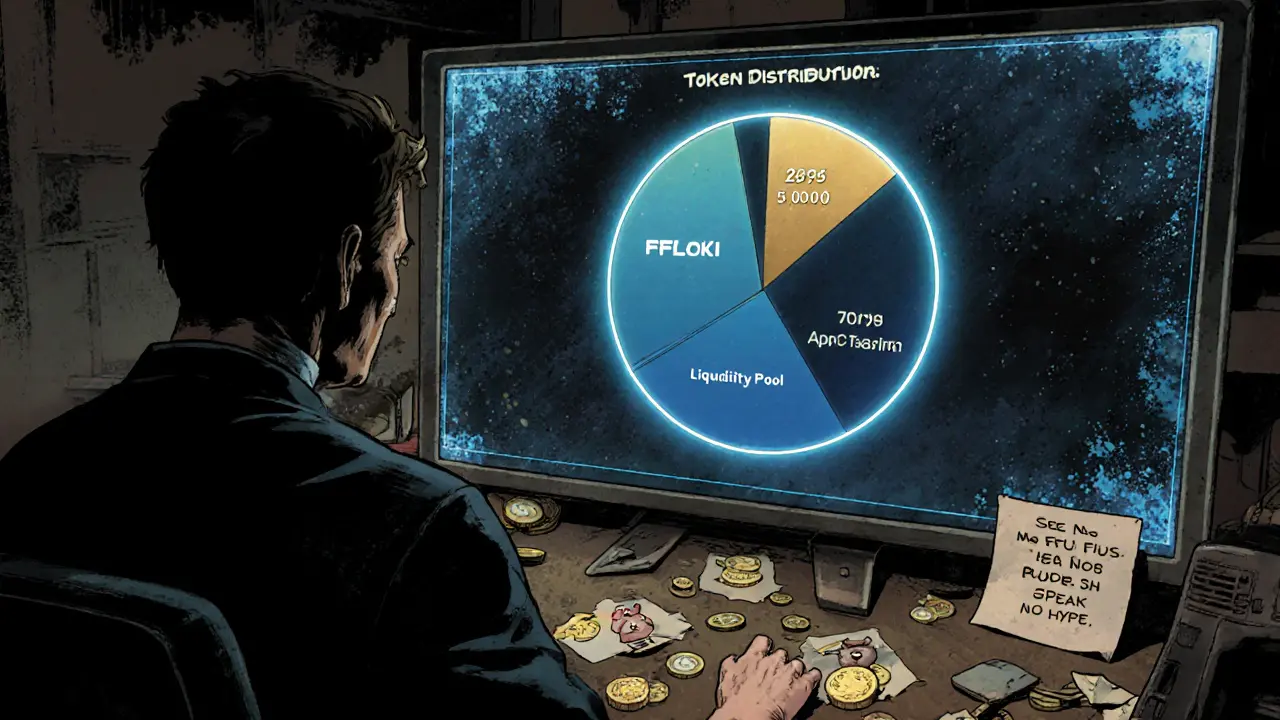A trader examines a MONKY token distribution chart amid discarded meme coin memes in a dim room.