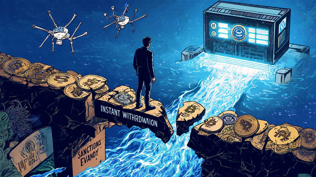 A trader on a crumbling crypto bridge looking down at a sanctions vortex, with regulatory drones above.