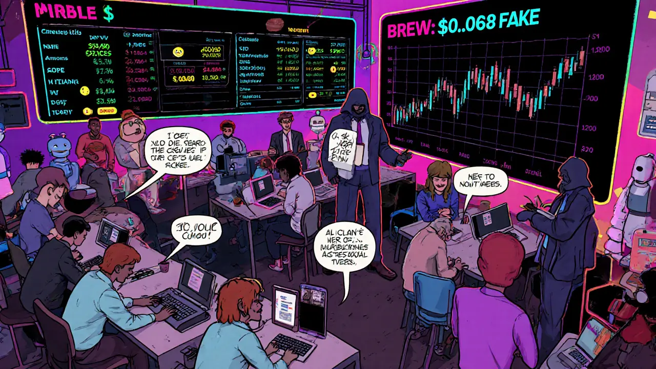 A vibrant Discord server scene with users sharing robot designs while price charts are manipulated by shadowy figures.