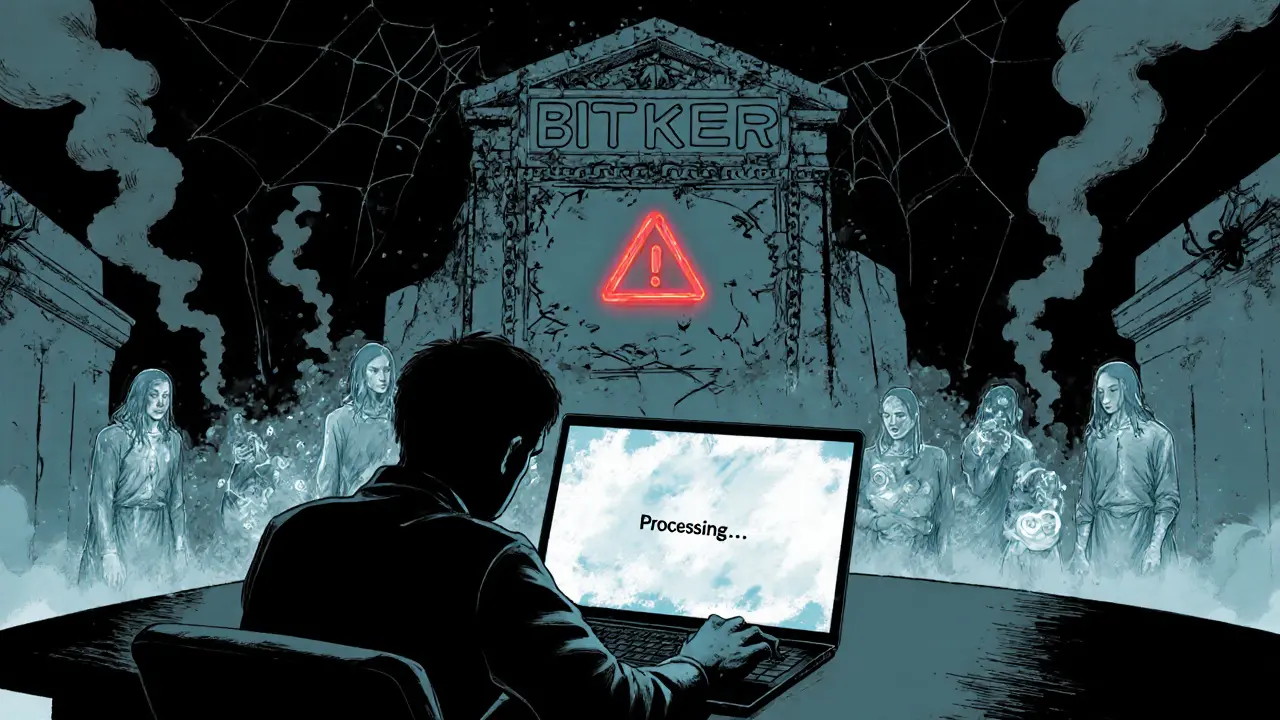 A victim stares at a frozen withdrawal screen as ghostly victims fade into the walls behind them.