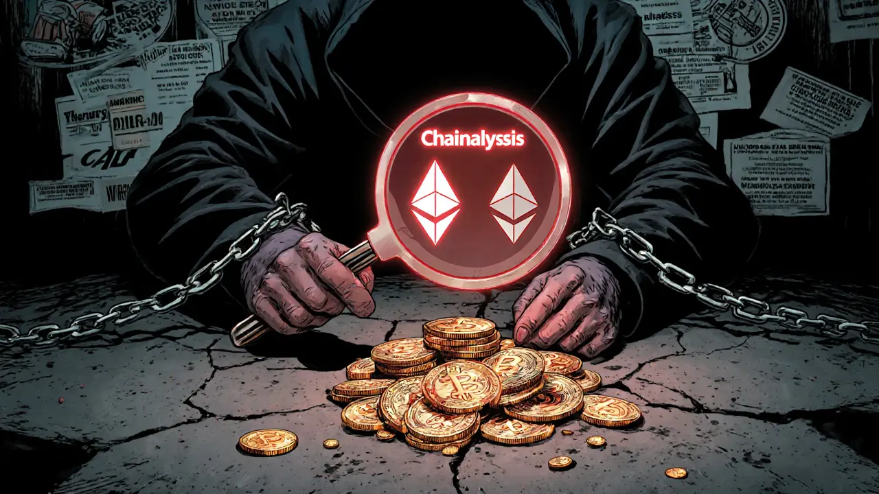 A wallet spilling crypto coins with tracking icons and legal chains restraining the hand, in noir-style lighting.