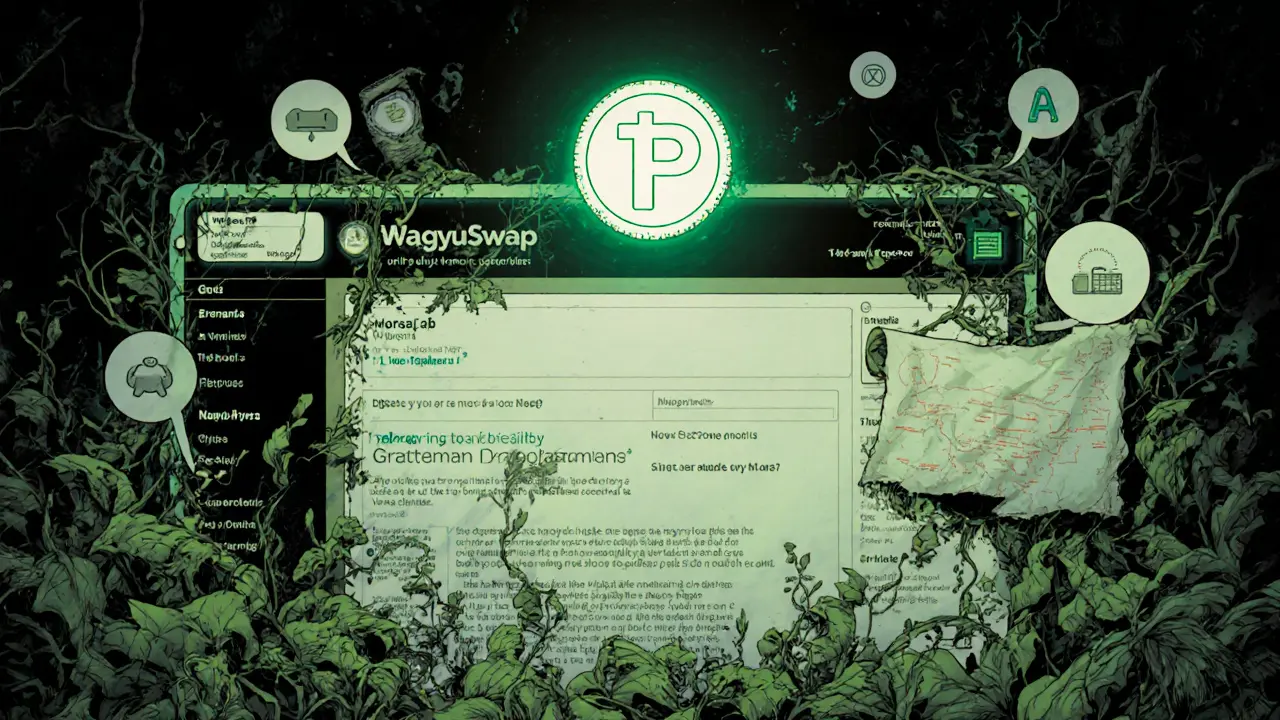 An abandoned WagyuSwap website covered in digital vines with a lone floating LP token.