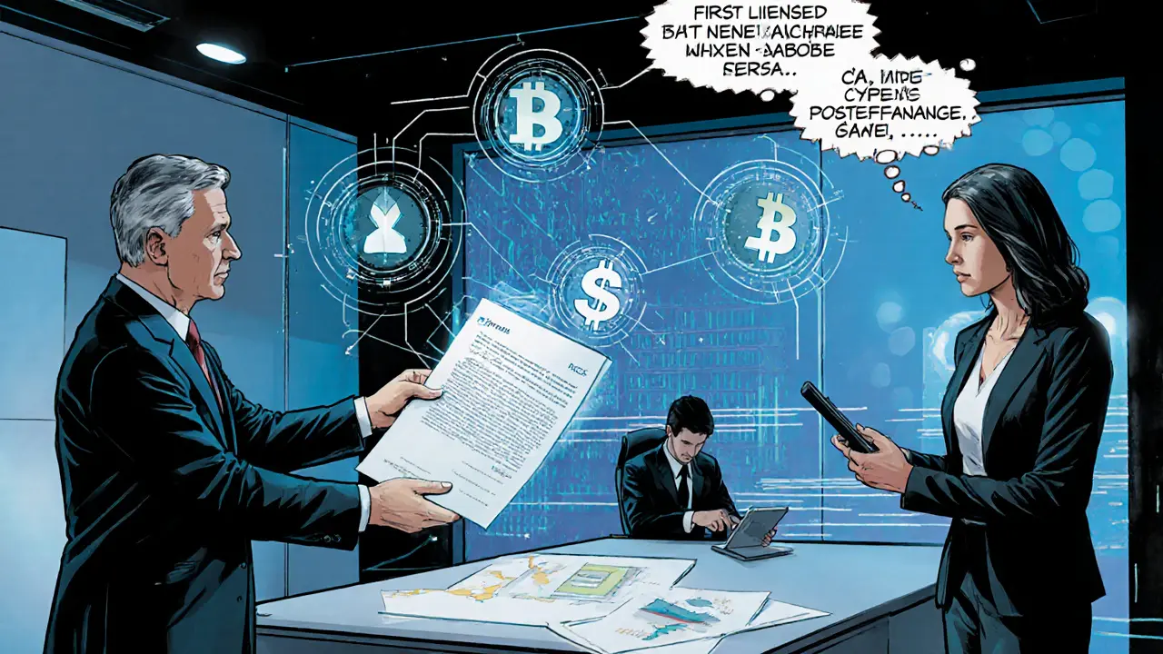 BX Digital receives the world&#039;s first DLT trading license as holographic digital assets float above a Swiss financial office.