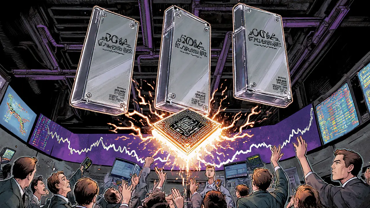 Cloud HSMs signing cryptocurrency transactions with lightning-fast digital signatures above a busy exchange floor.