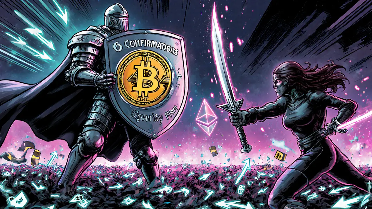 Comic-style battle between Bitcoin knight and Ethereum ninja, representing security vs speed in blockchain confirmation systems.