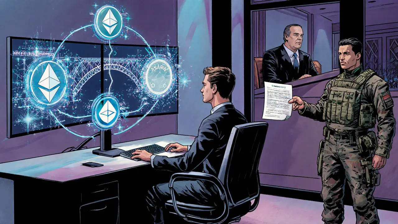 Compliance officer monitoring DeFi bridges with AI analytics, while a courtroom accepts Chainalysis evidence in the background.