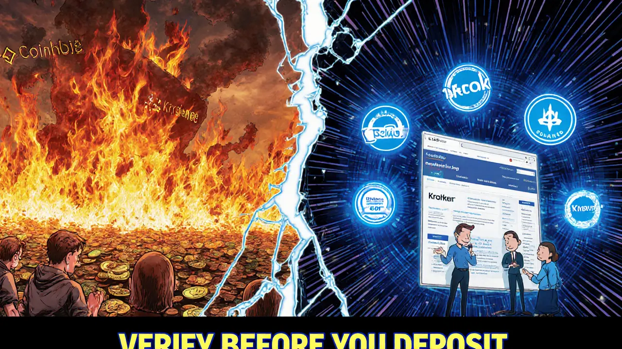 Contrasting scene: chaotic scam site on left, trusted exchanges on right, separated by a cracked mirror.