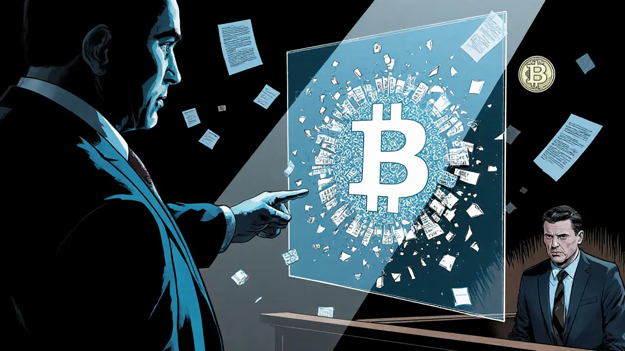 Courtroom hologram of a sanctioned crypto token unraveling into traced wallet addresses.