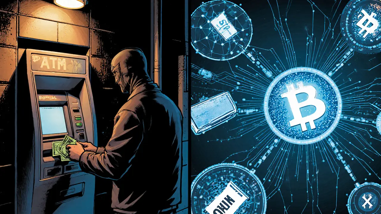 Crypto ATM transaction traced through a glowing blockchain network to a frozen sanctioned wallet.