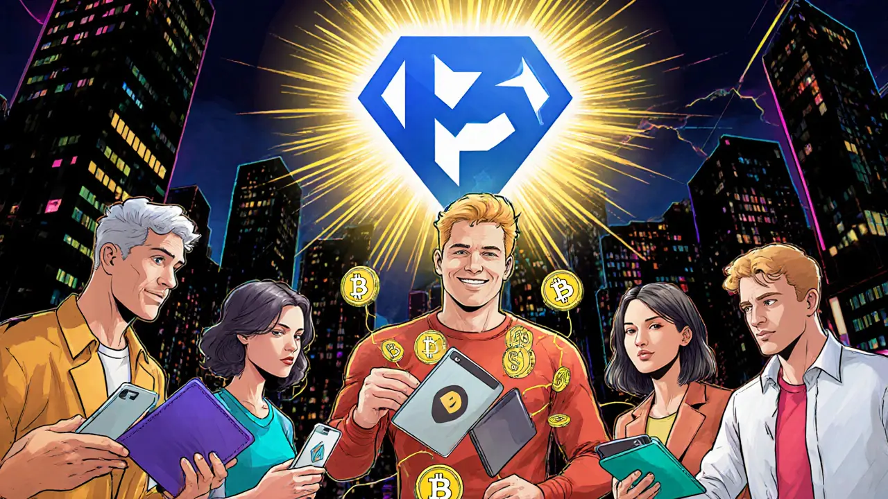 Diverse group of crypto users connected by BloctoSwap&#039;s cross-chain network, replacing confusion with seamless swaps.