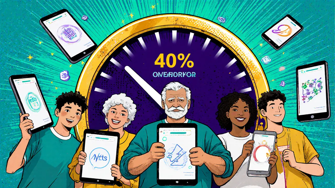 Diverse people use apps on devices with floating DeFi, NFT, and GameFi icons, a staking meter shows 10% APR rewards.