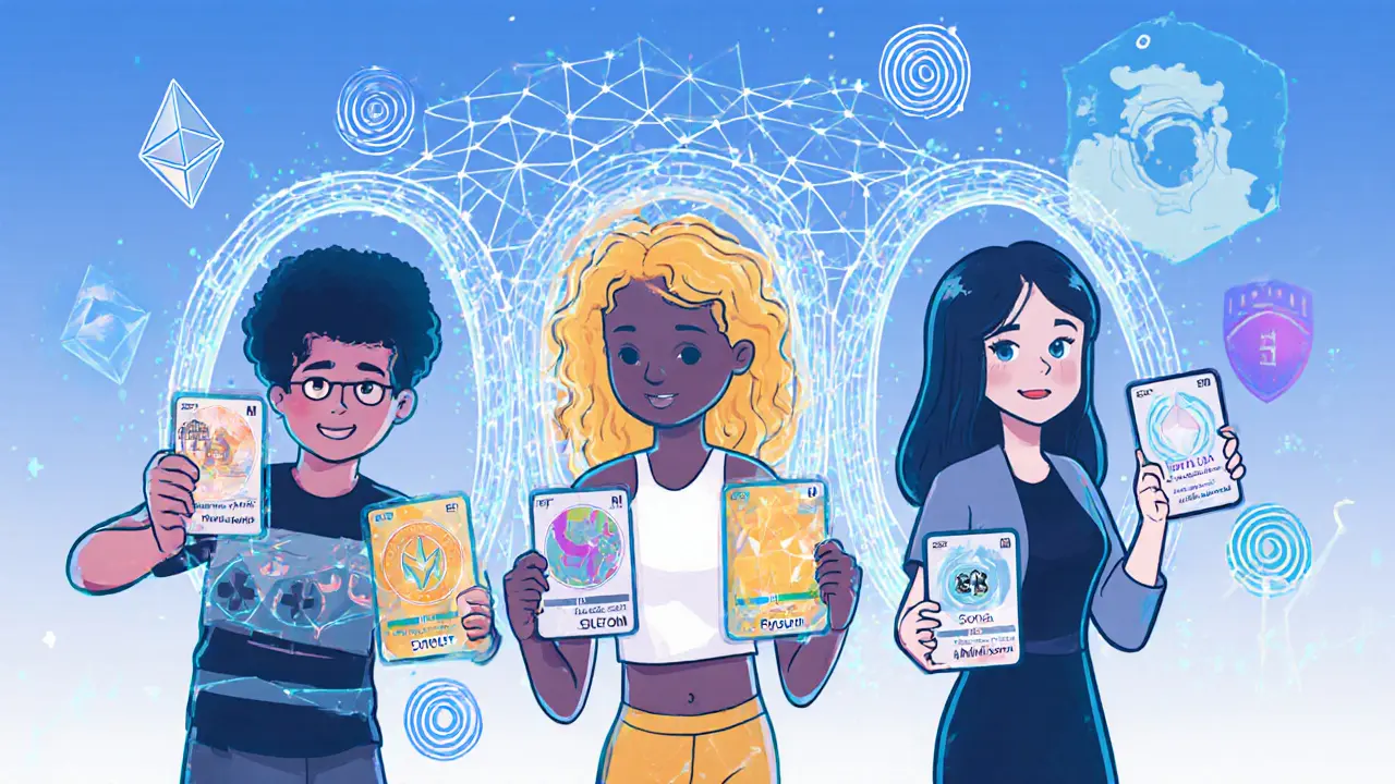 Diverse users use a single MOCA card to unlock digital worlds of music, gaming, and education, with hidden blockchains around them.