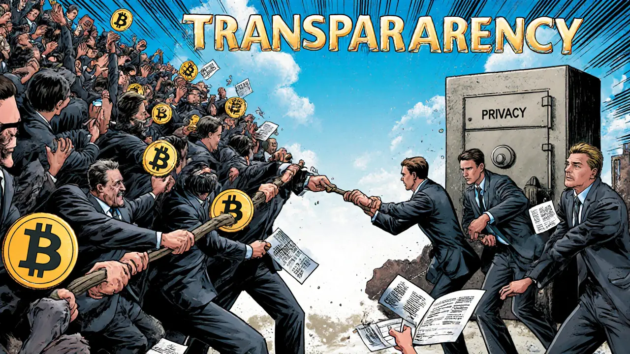 Dramatic tug-of-war between anonymous crowd and corporate team representing public vs private blockchain values.