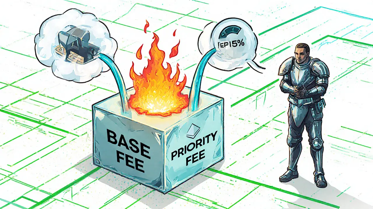 EIP-1559 fee system showing base fee burning and priority fee going to validator, with user receiving refund.