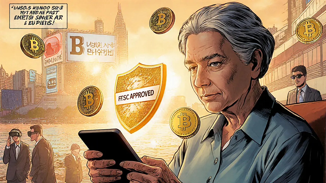 Elderly woman buying a regulated crypto ETF on tablet, surrounded by diversified index icons and Busan digital asset hub in background.