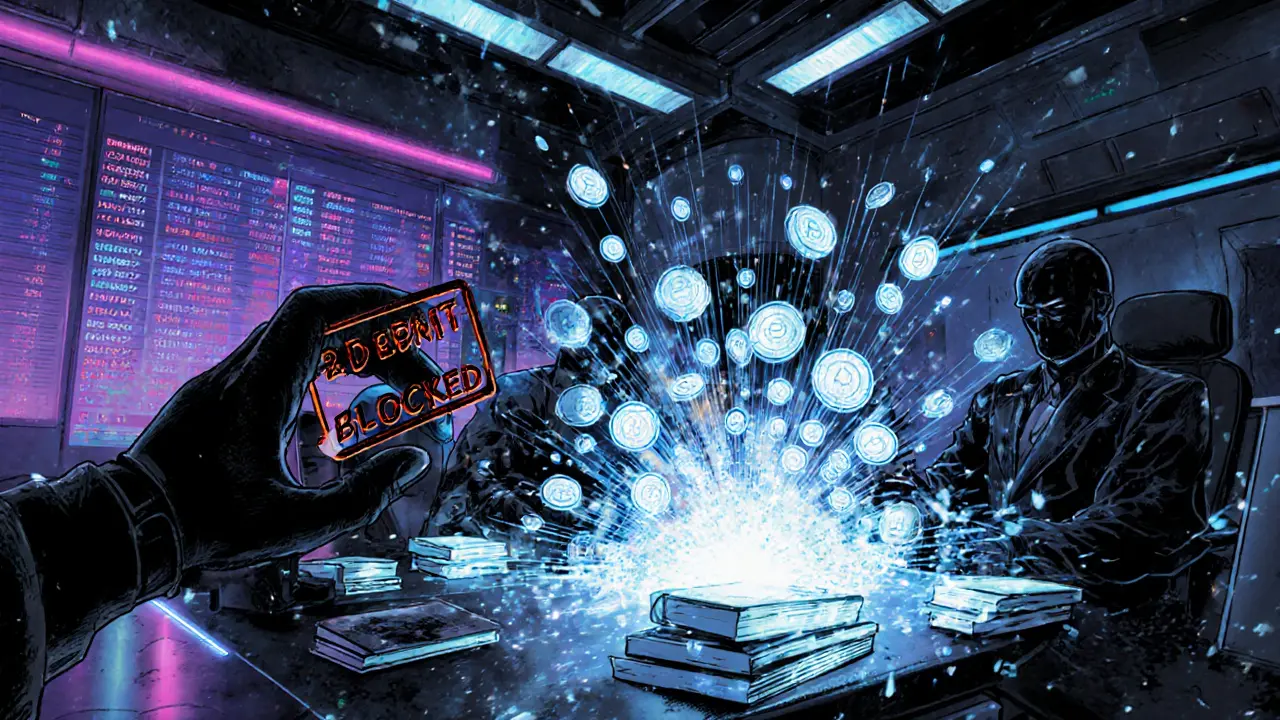 Elite traders execute ultra-fast orders on BTCC’s interface while a regulatory hand blocks KRW deposits in a cyberpunk Seoul.