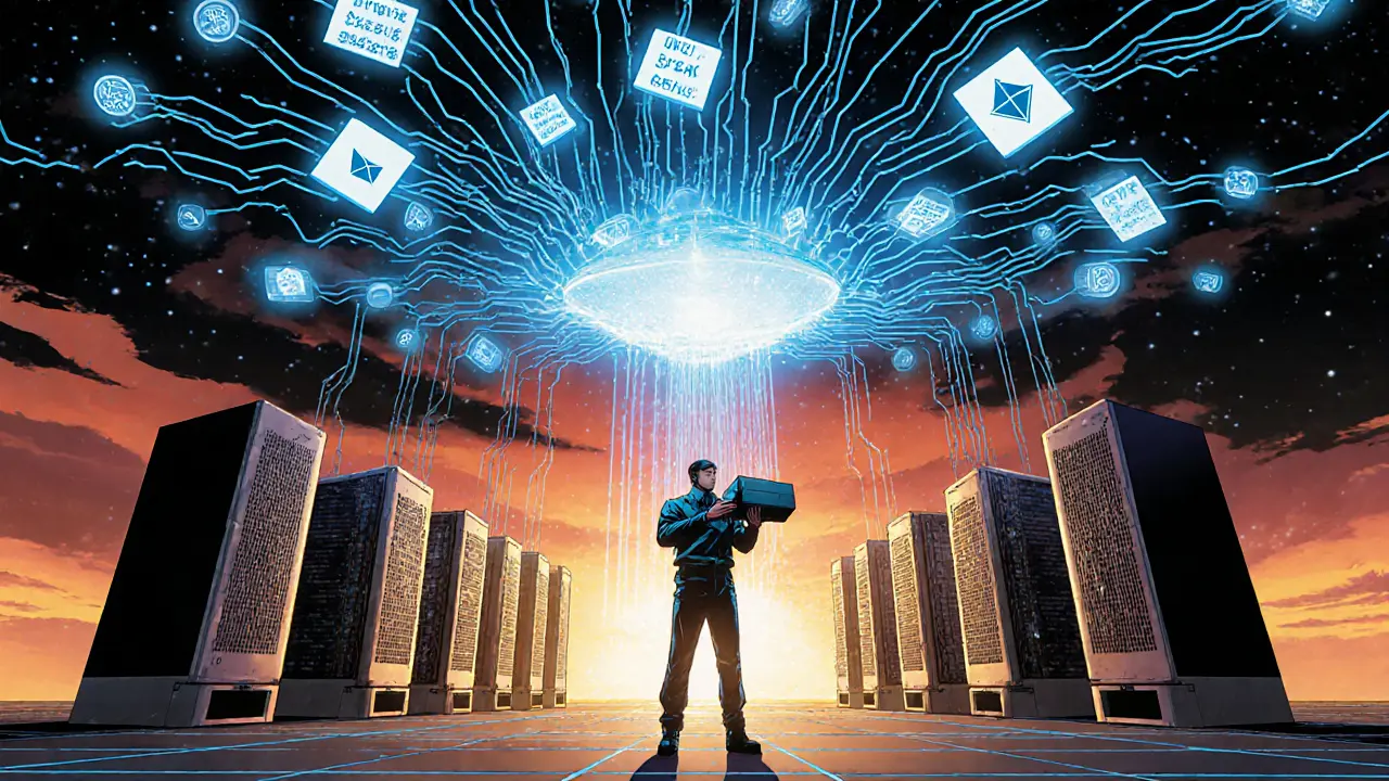 Engineer bridging corporate server farm with public blockchain network using glowing data streams.