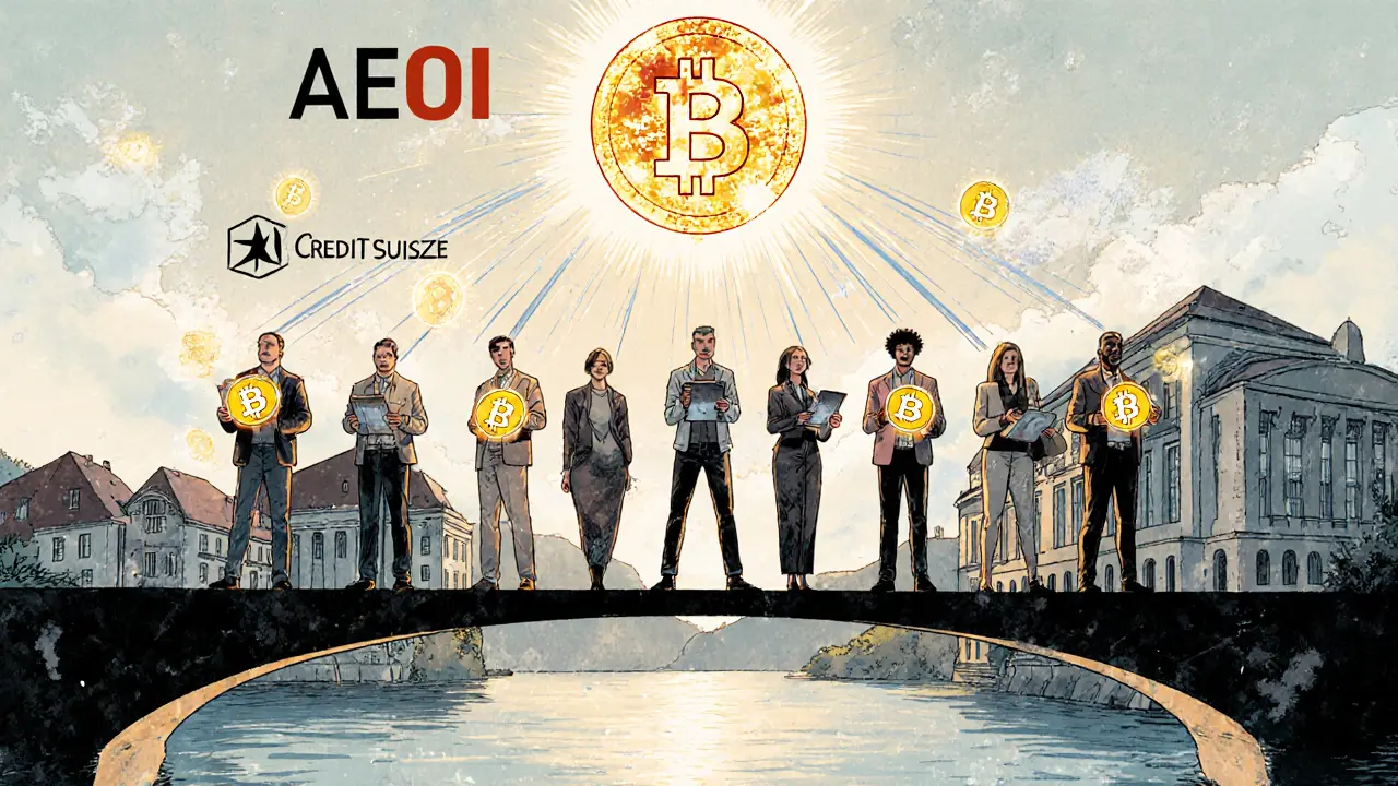 Entrepreneurs in Zug hold digital wallets projecting crypto assets into the sky as banks merge with blockchain tech at dawn.