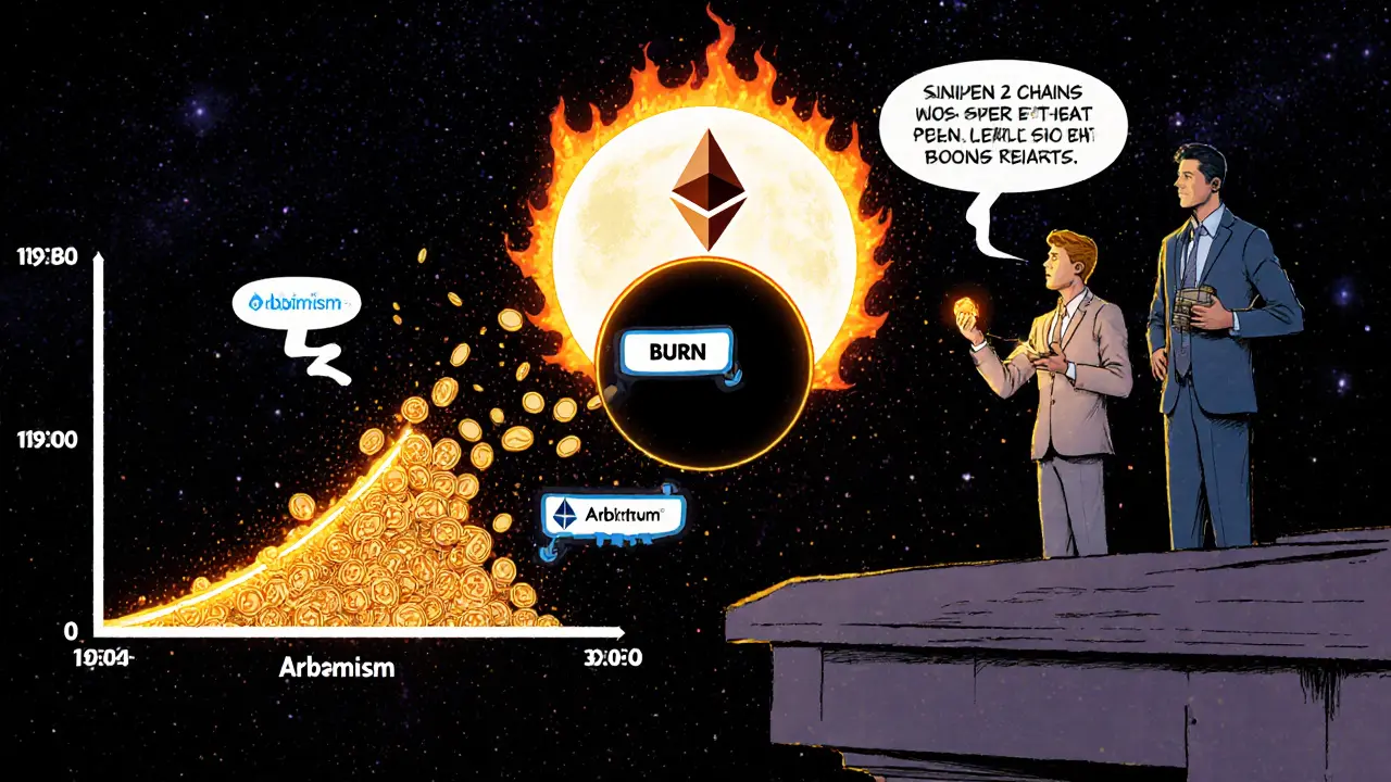 ETH supply decreasing as burn mechanism consumes coins, fed by Layer 2 chains under a burning Ethereum moon.