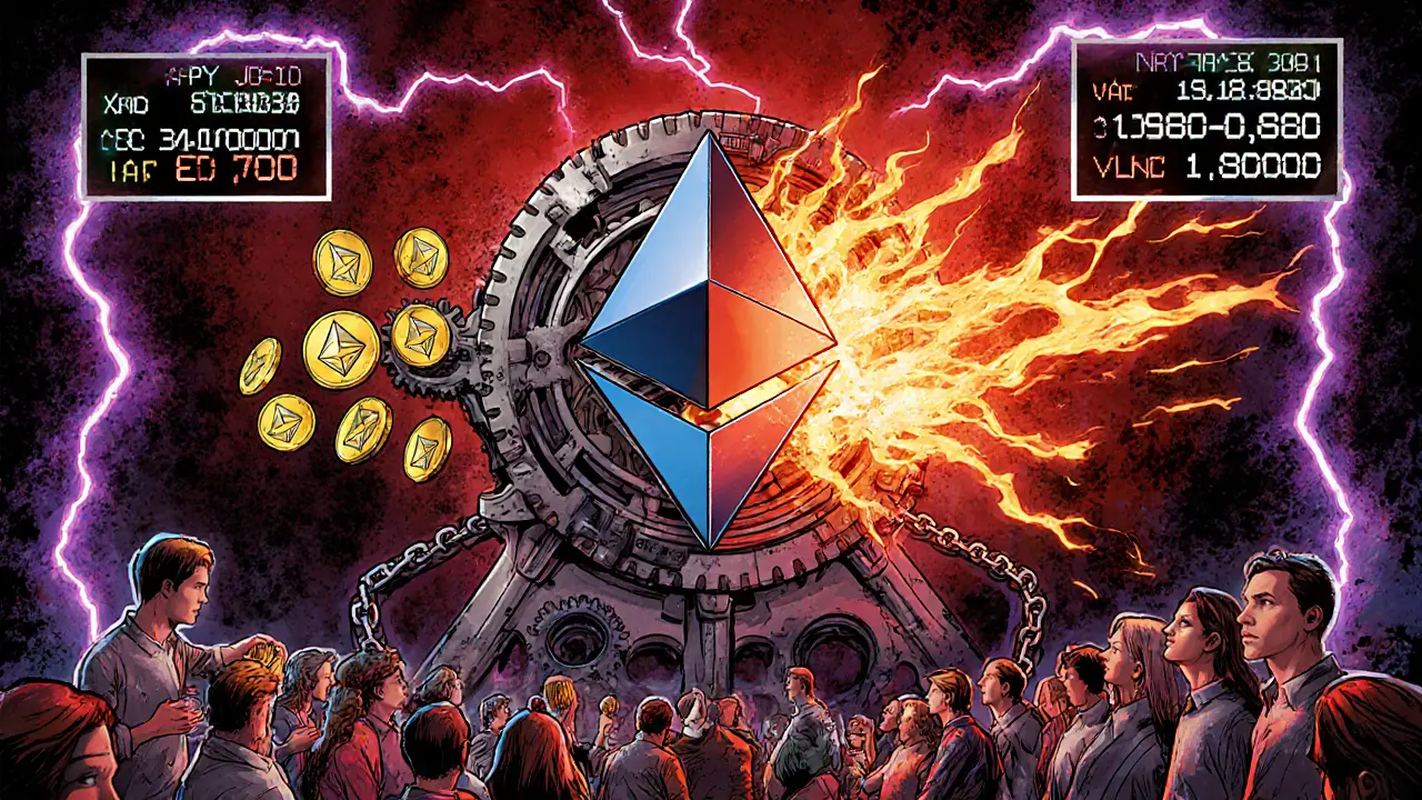 Ethereum&#039;s machine-like system burning transaction fees while issuing staking rewards.