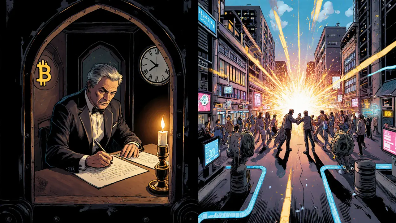 Futuristic city divided between quiet Bitcoin settlement vault and vibrant Ethereum-powered digital marketplace with rolling transactions.