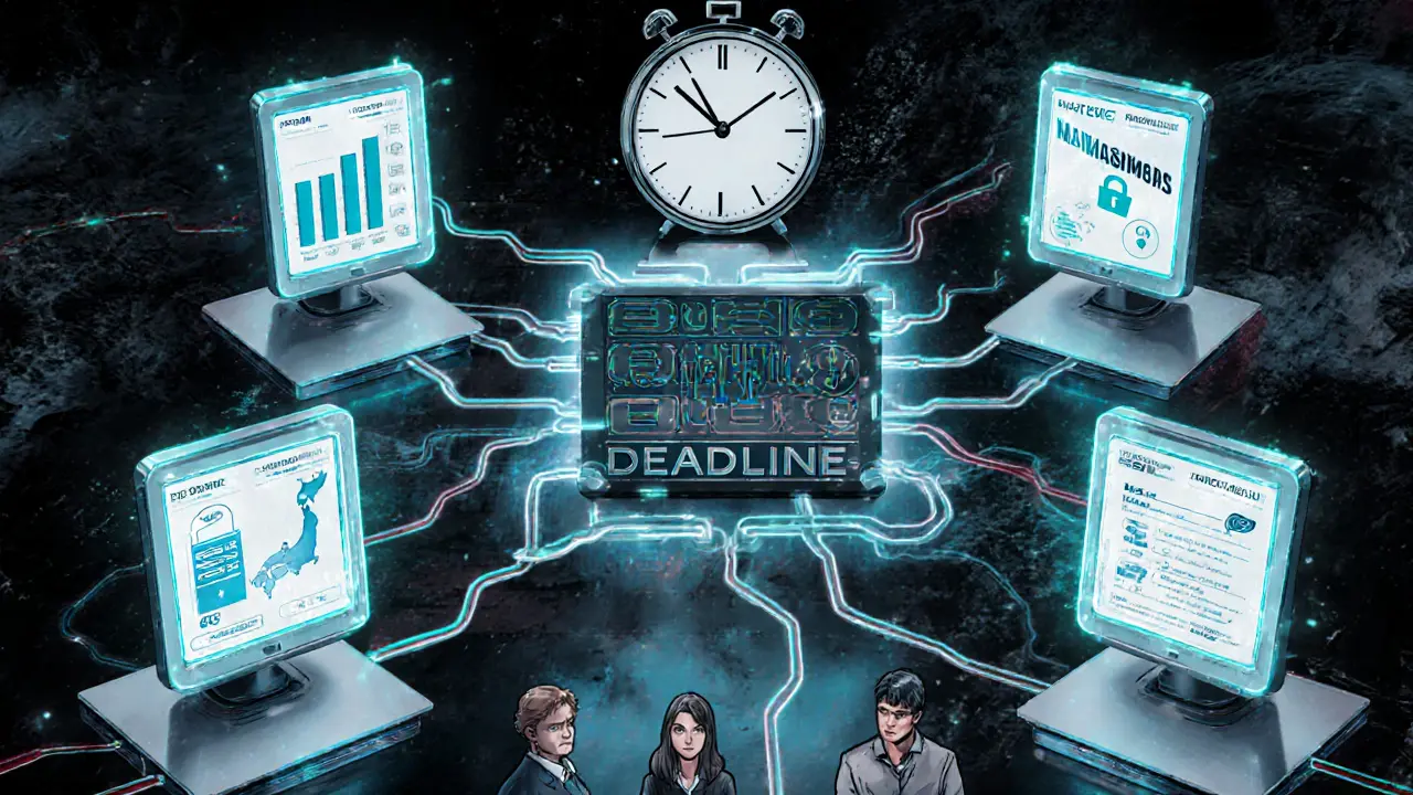 Global compliance dashboard with regional regulatory icons and a ticking deadline clock above a startup team.