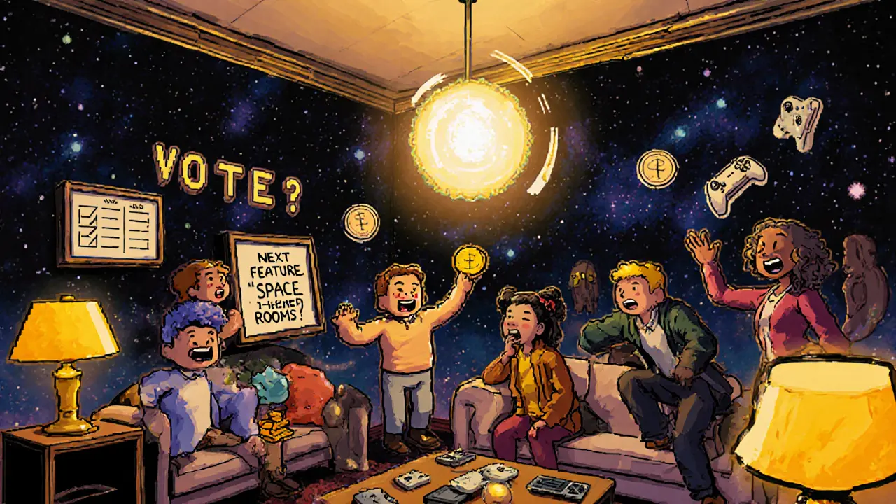 Group of players in a themed hotel room hosting a trivia night with glowing BTH tokens and voting panel visible.