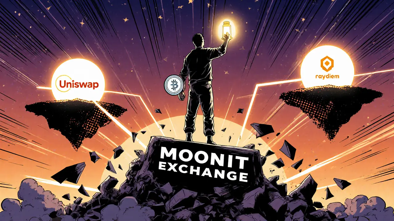 Investor standing as fake exchange crumbles, real DEXs glow in distance.