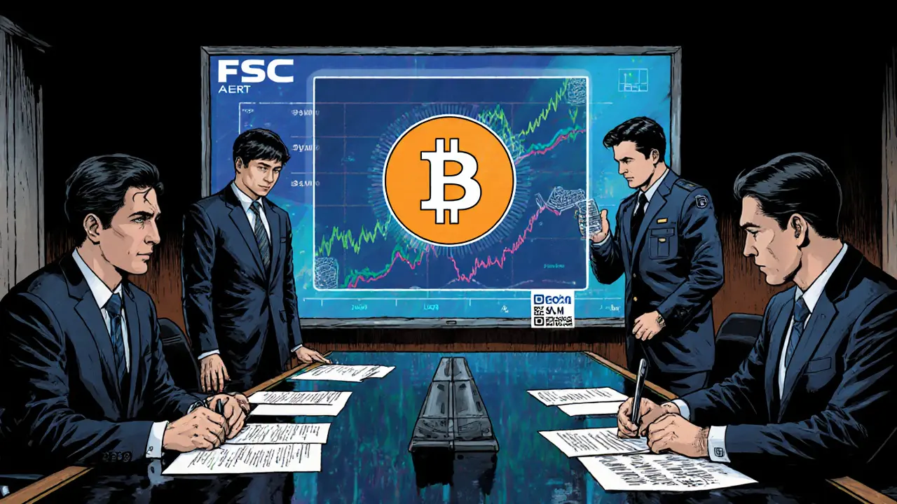 Korean corporate executives signing digital contracts to hold Bitcoin, with FSC logo and FATF transaction hologram in boardroom.