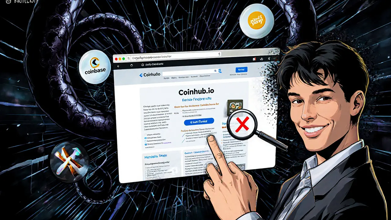 New user clicking deposit on a fake exchange while shadowy blockchain tentacles pull coins into darkness.