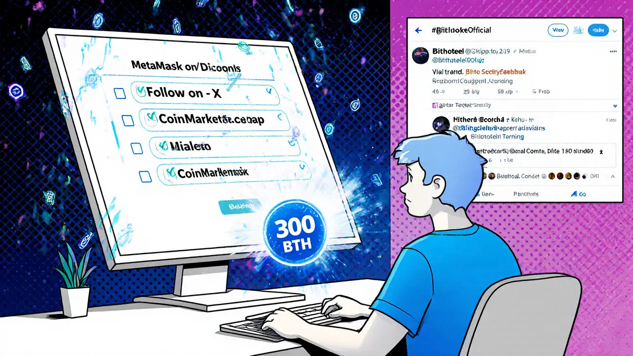 Person connecting wallet to CoinMarketCap as BTH tokens rain down, checklist tasks glowing beside screen.