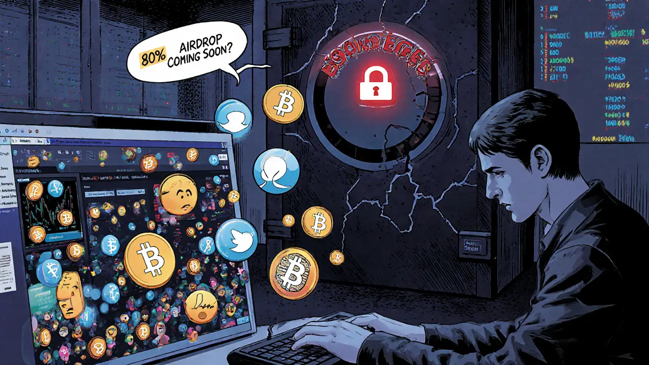 Player at keyboard surrounded by social media alerts and a locked vault labeled &#039;80% Locked Supply&#039;.