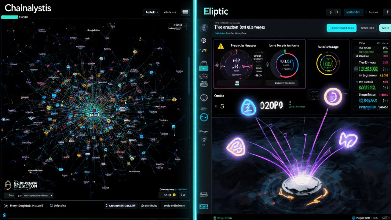 Side-by-side digital dashboards: Chainalysis network map and Elliptic real-time risk scores for privacy coins and mixers.