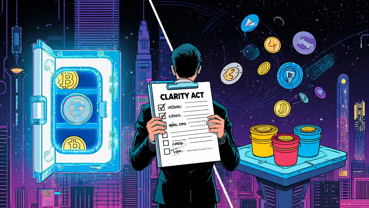 Split-city skyline showing Japan&#039;s cold storage and Singapore&#039;s Travel Rule data streams with asset classification.