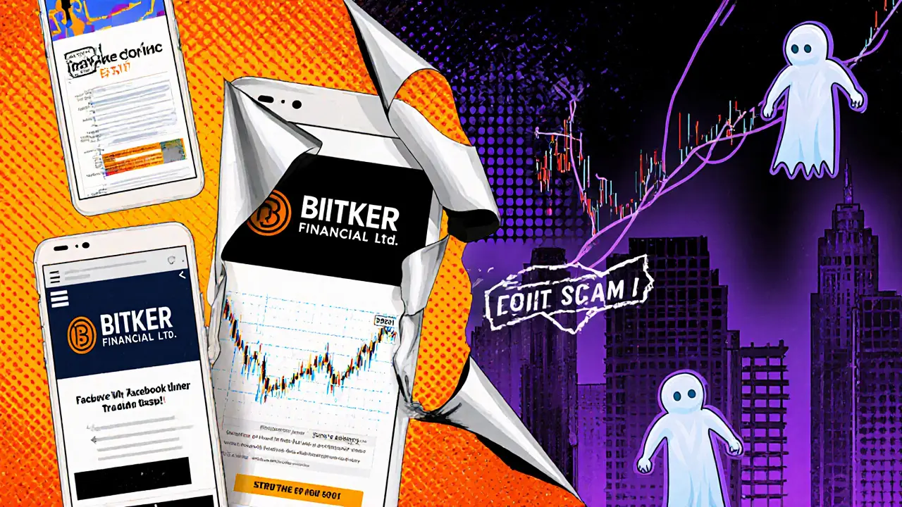 Split comic panel: fake BITKER ads on one side, hidden scams and bot traders on the other.