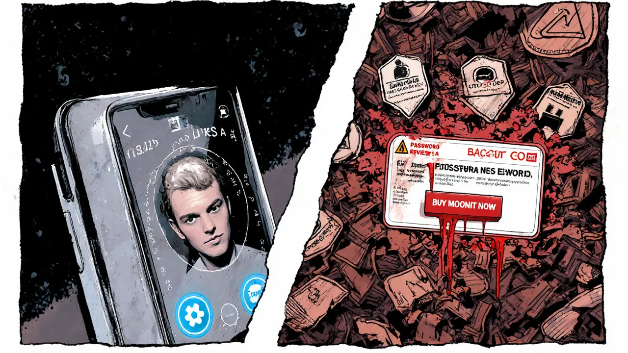 Split image: secure 3FA wallet on left, scam exchange website on right.