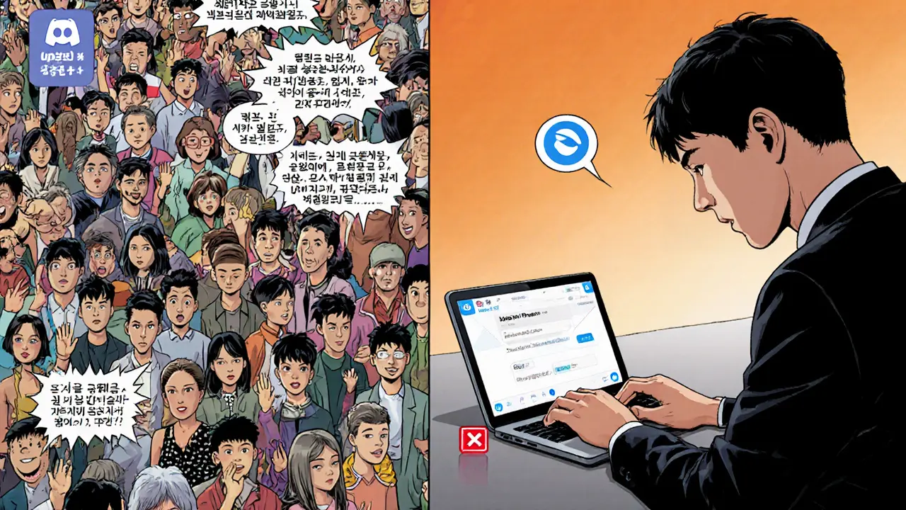 Split scene: lively UPbit Discord chat vs. lonely BTCC Telegram group, highlighting community contrast.