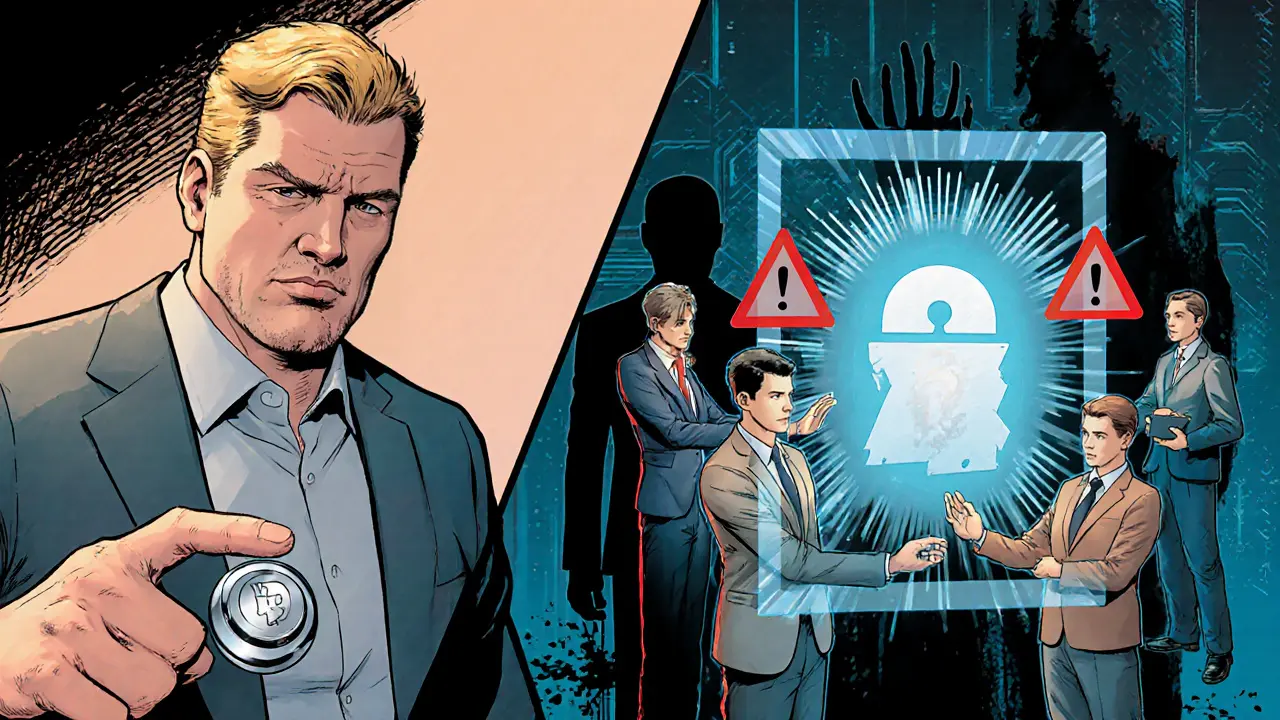 Three approvers in different cities authenticate a large crypto withdrawal using biometric scanners and a threshold key hologram.