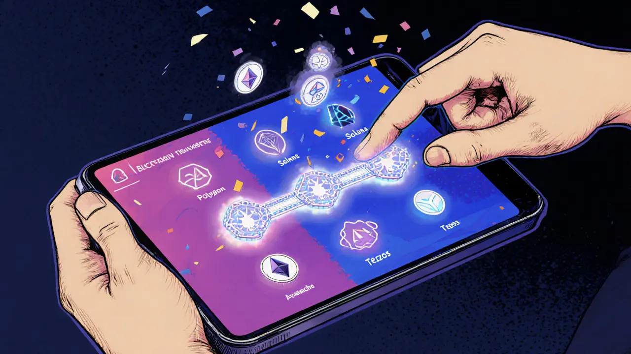 User swapping tokens on BloctoSwap app with gas points paying fees automatically across seven blockchain networks.