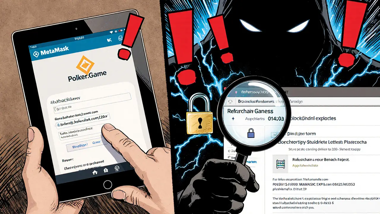 User verifying PKR contract address on a blockchain explorer with warning symbols nearby.