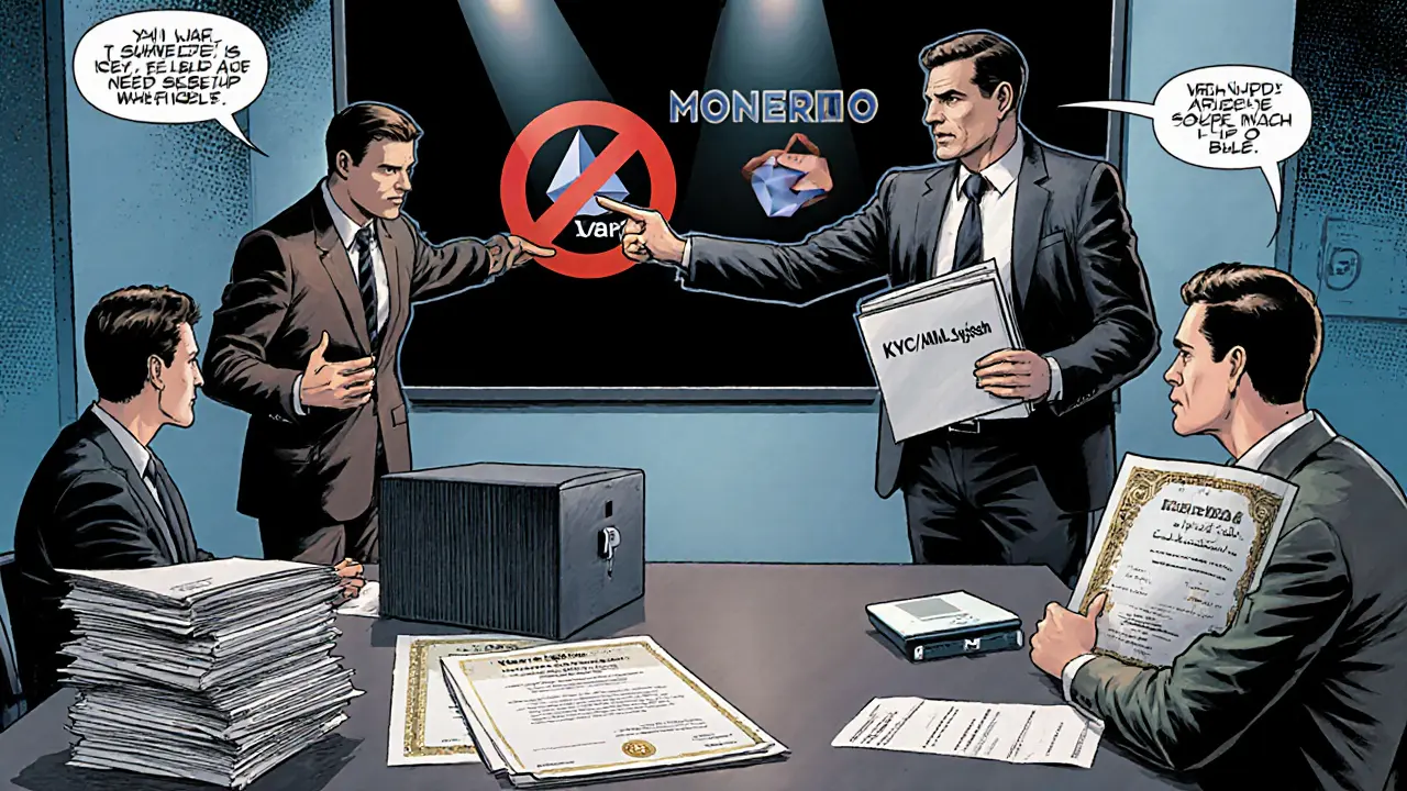 VARA inspector confronting startup founder over banned coins and compliance documents in a Dubai office.