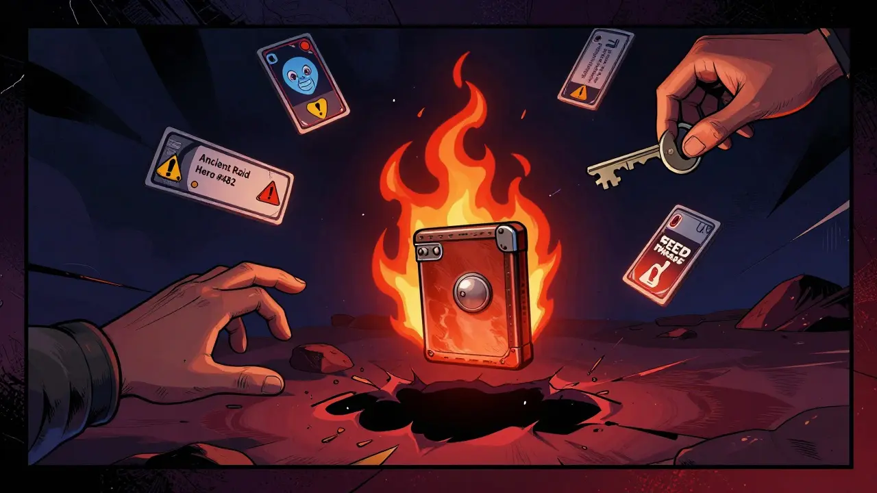 A burner wallet floats in darkness surrounded by fake NFTs, one hand reaching for it as a seed phrase vanishes into a black hole.