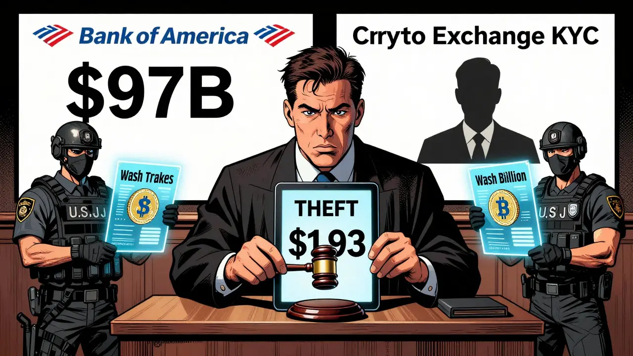 A courtroom scene with DOJ agents presenting holographic evidence of meme coin fraud, contrasted with massive penalty figures from traditional finance.