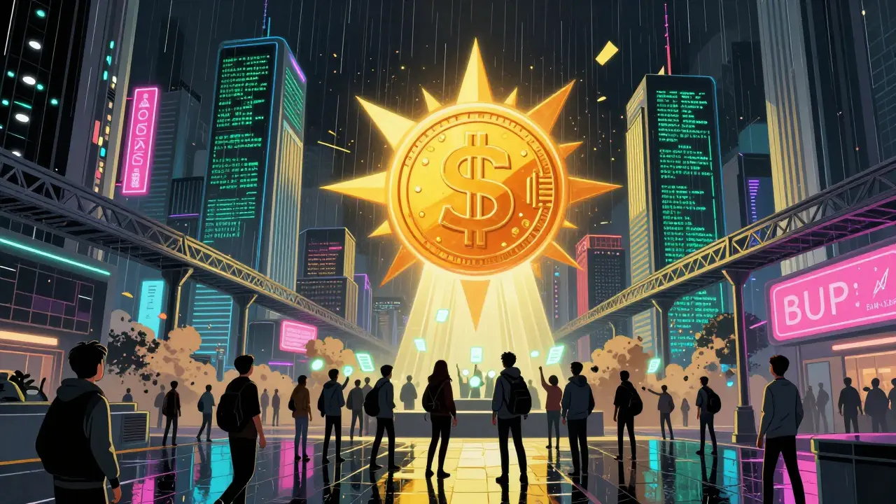 A cyberpunk city built on blockchain with traders unharmed by market crashes, lit by a floating $SUP token.