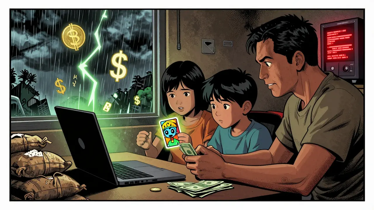 A Filipino family relies on an Axie Infinity NFT for income, surrounded by cash and falling crypto symbols in a stormy night.