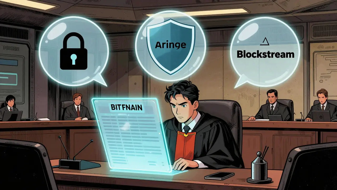 A futuristic courtroom with hidden transaction bubbles and institutional logos on a blockchain ledger.