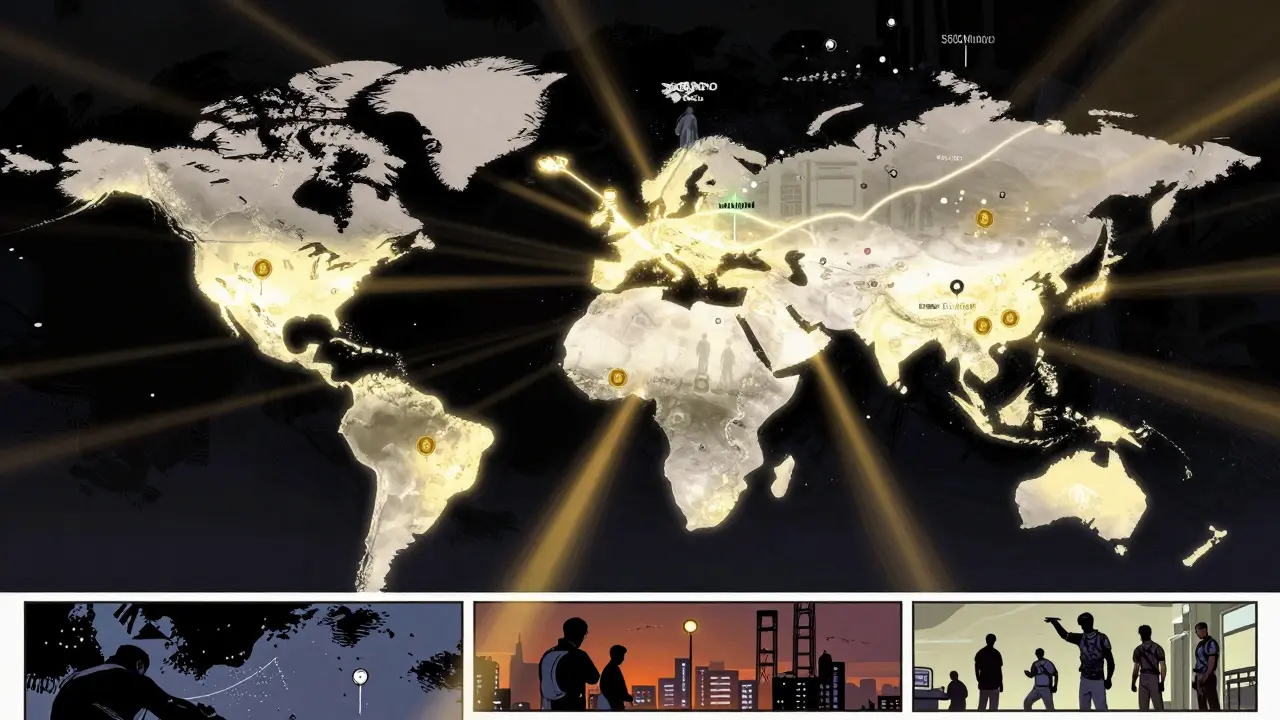 A global map with interconnected enforcement task forces tracing crypto flows, as user numbers rise and criminal figures dissolve under new regulations.