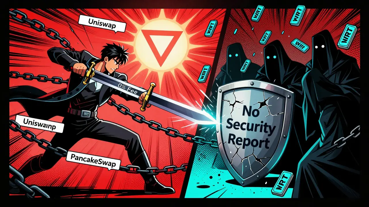 A hero defeats fee-charging DEX chains while shadowy figures hide behind a broken audit shield, WRT tokens falling like rain.