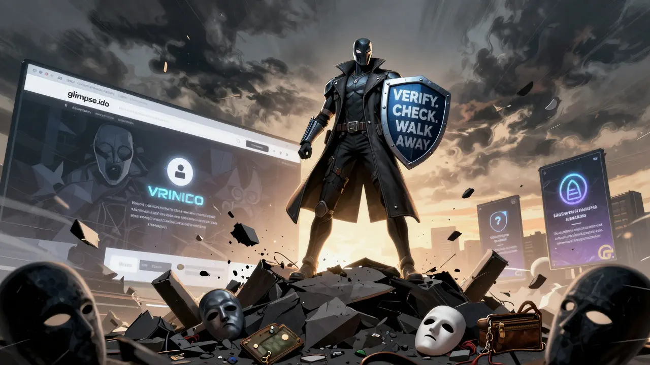 A hero standing on a destroyed scam website, shielding against fraud while real projects glow in the distance.